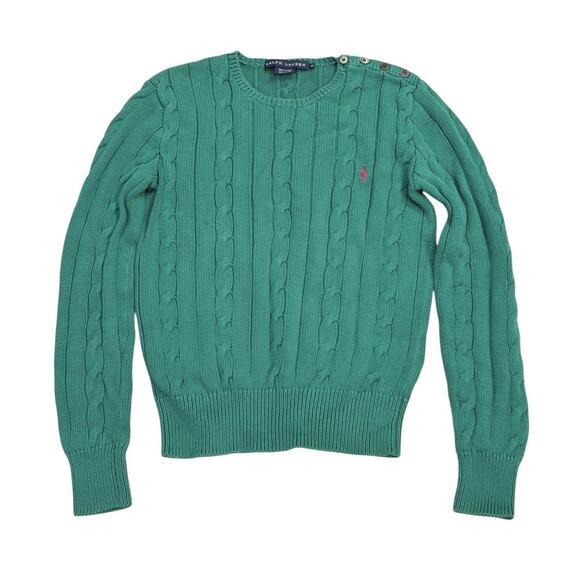 Ralph Lauren Sweater Womens Medium Green Cable Knit Crewneck Pink Pony Buttons - Picture 1 of 8